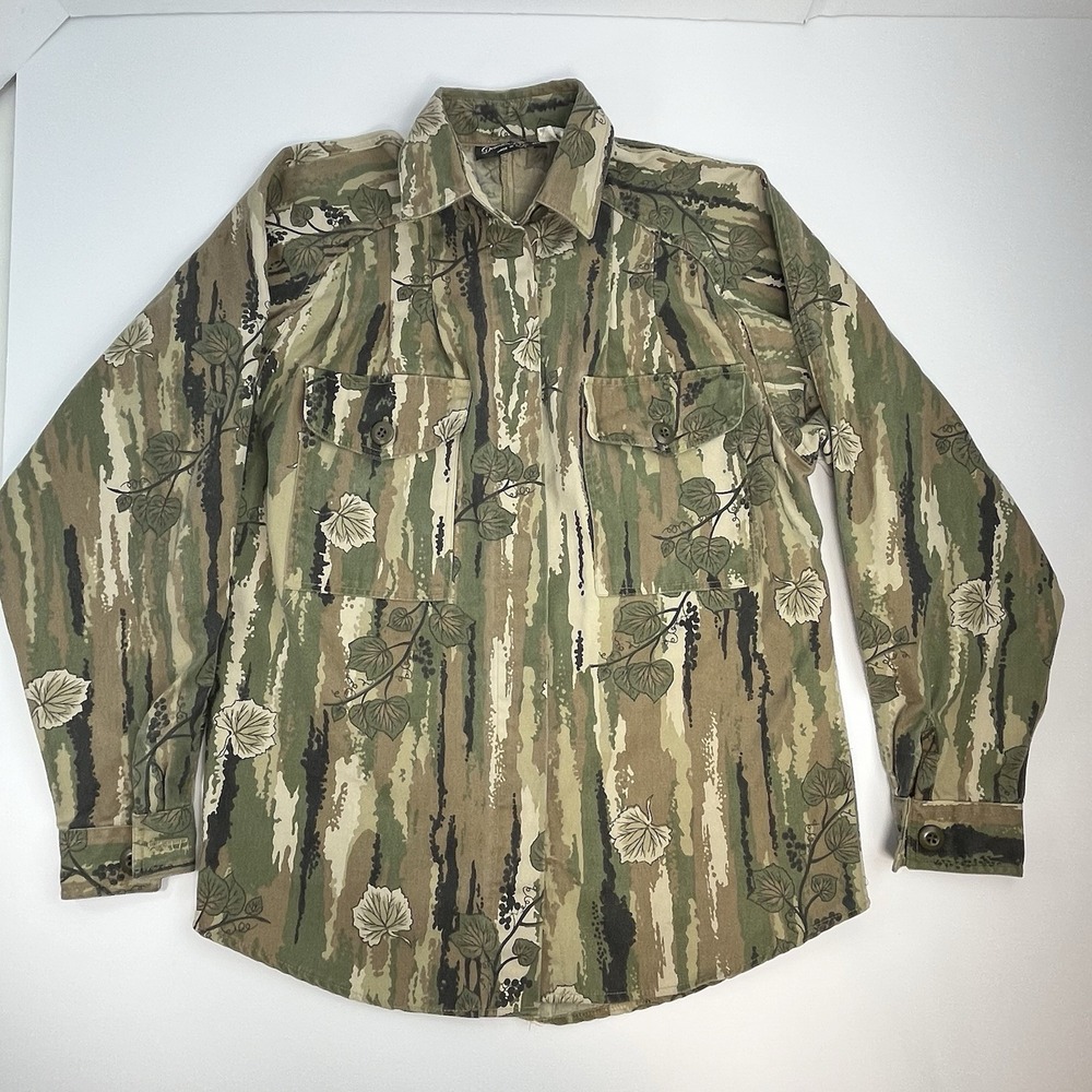 Vintage Dame-O-Flage Shirt Jacket Medium Green Vine Camo Print Made in USA